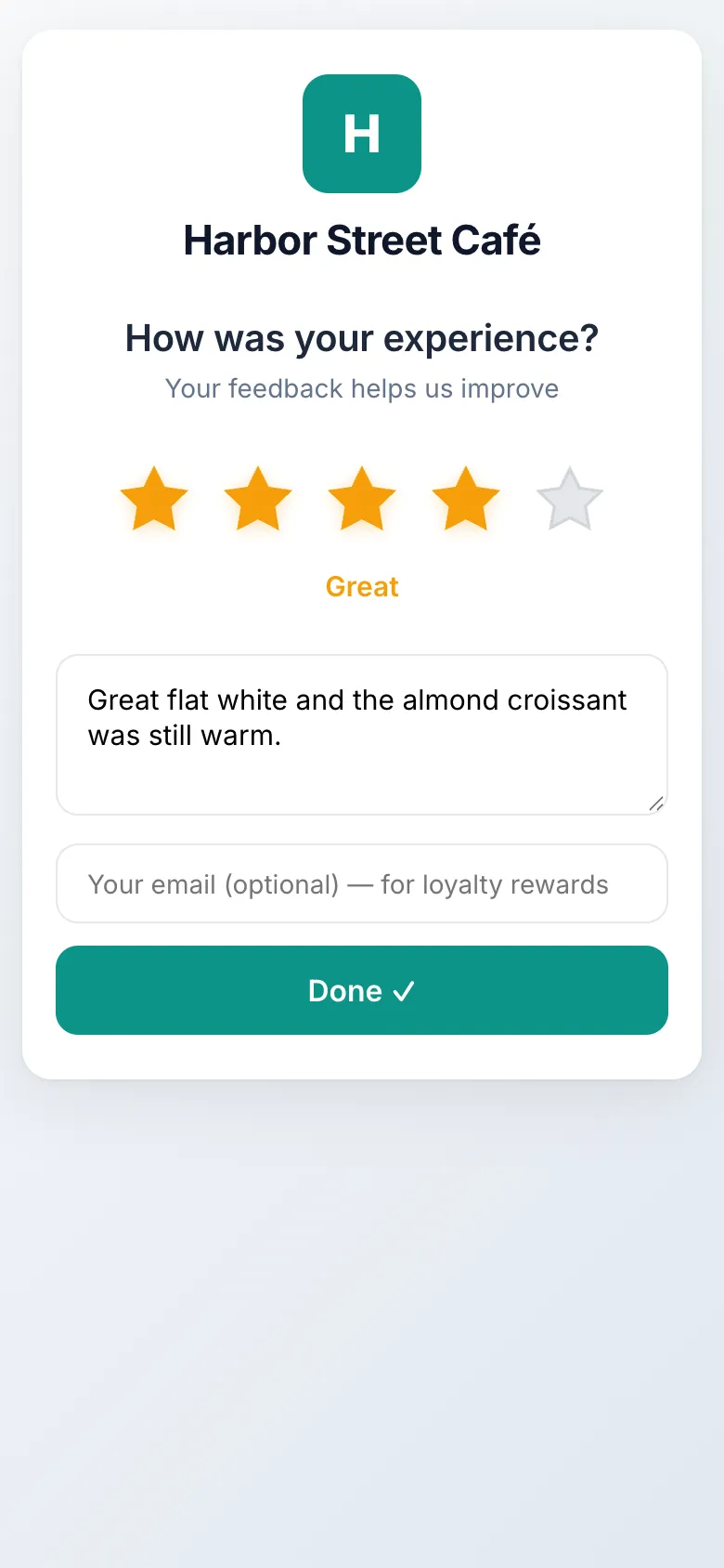 DenAdvisor feedback screen on a phone asking the customer to rate their visit from 1 to 5 stars