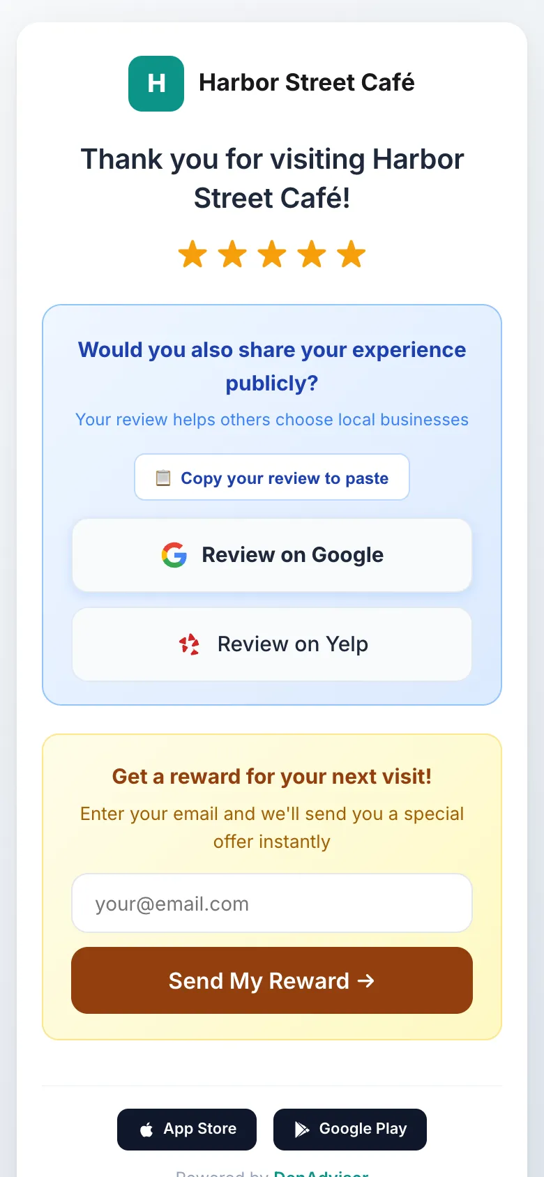 DenAdvisor feedback page on a phone after a positive rating, showing buttons to review the business on Google and Yelp
