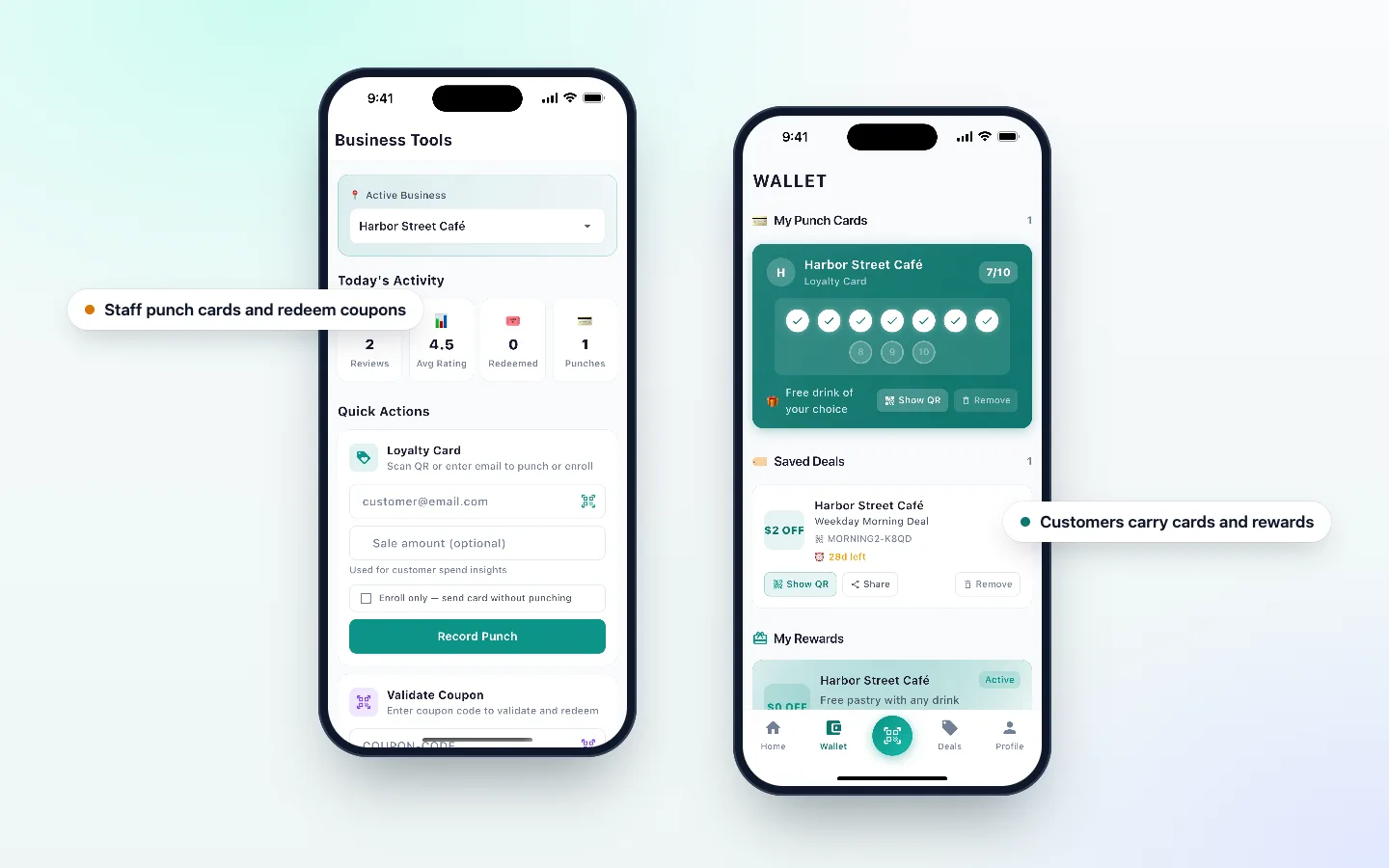 The DenAdvisor app: staff Business Tools for punching cards and redeeming coupons, next to a customer wallet with a 7 of 10 punch card