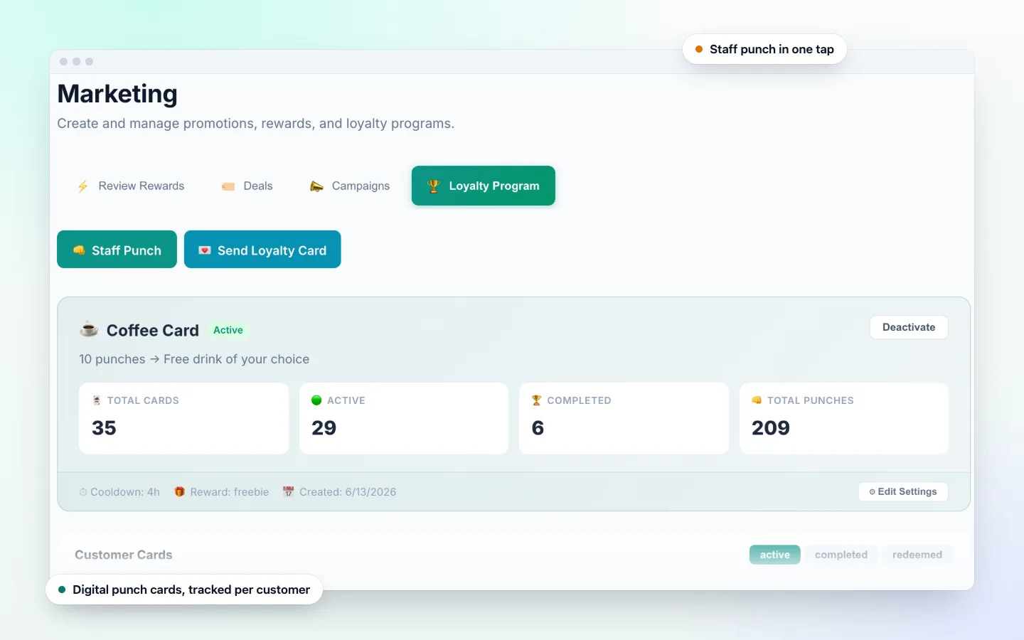 DenAdvisor dashboard loyalty page showing a punch card program with punches required, reward and card design