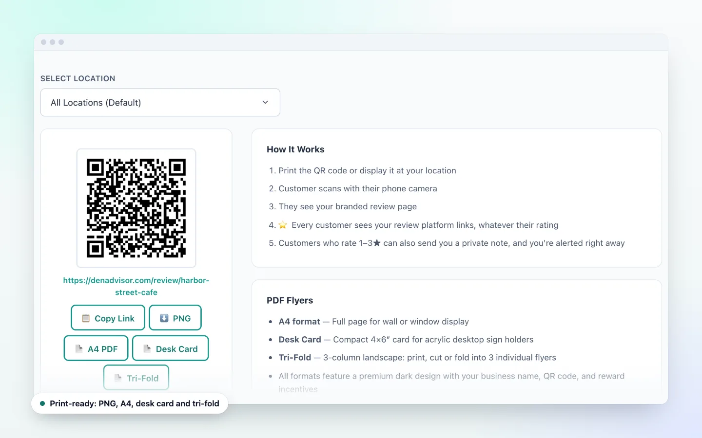DenAdvisor dashboard QR code page with a downloadable QR code image and PDF flyer for a business